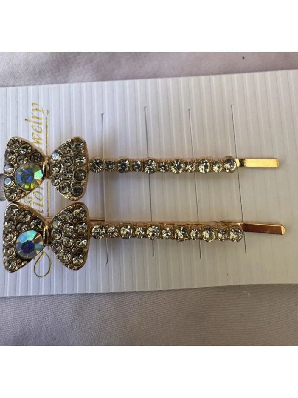 2 PC Set Hair Clips Pin Rhinestone Bow Bling Goldtone Crystal Rhinestone 2.5